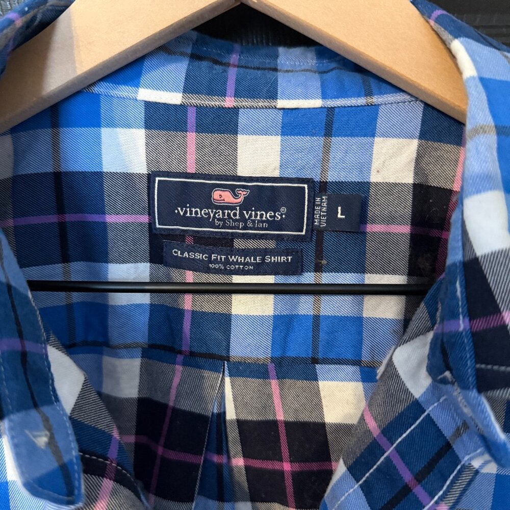 Mens Vineyard Vines Classic Fit Whale Shirt Plaid Blue White Large - Picture 2 of 3